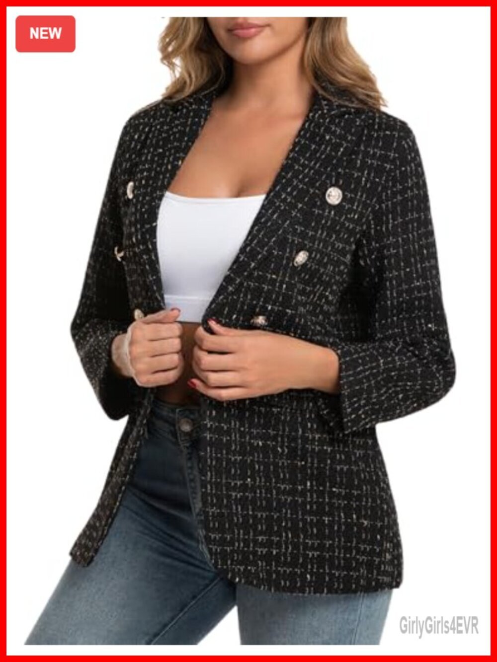 Business Casual Tweed Plaid Blazer Jacket Long Sleeve Notch Collar